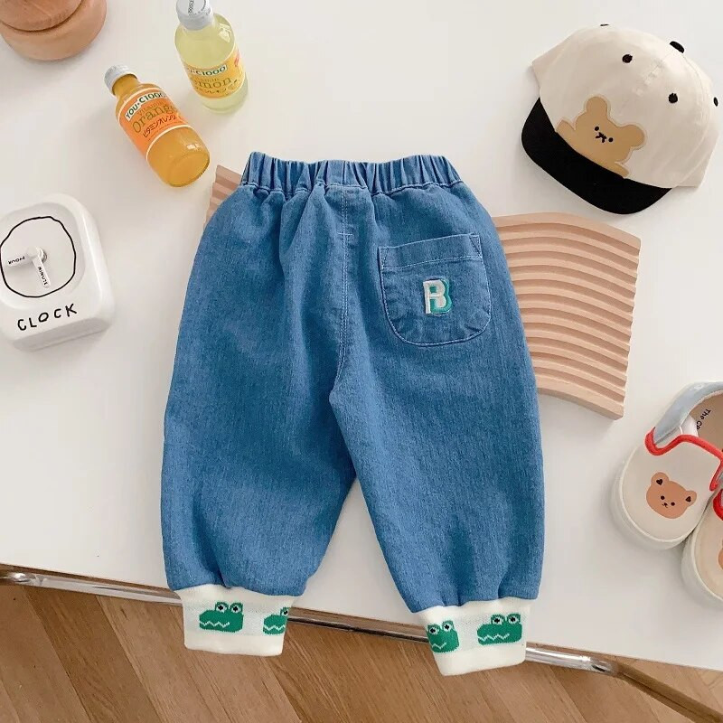 Jauni rudens bērni Zēnu džinsi 0–5 gadi bērniem elastīga vidukļa kabata karikatūra Joger džinsu bikses ikdienas bikses tērpi apģērbi