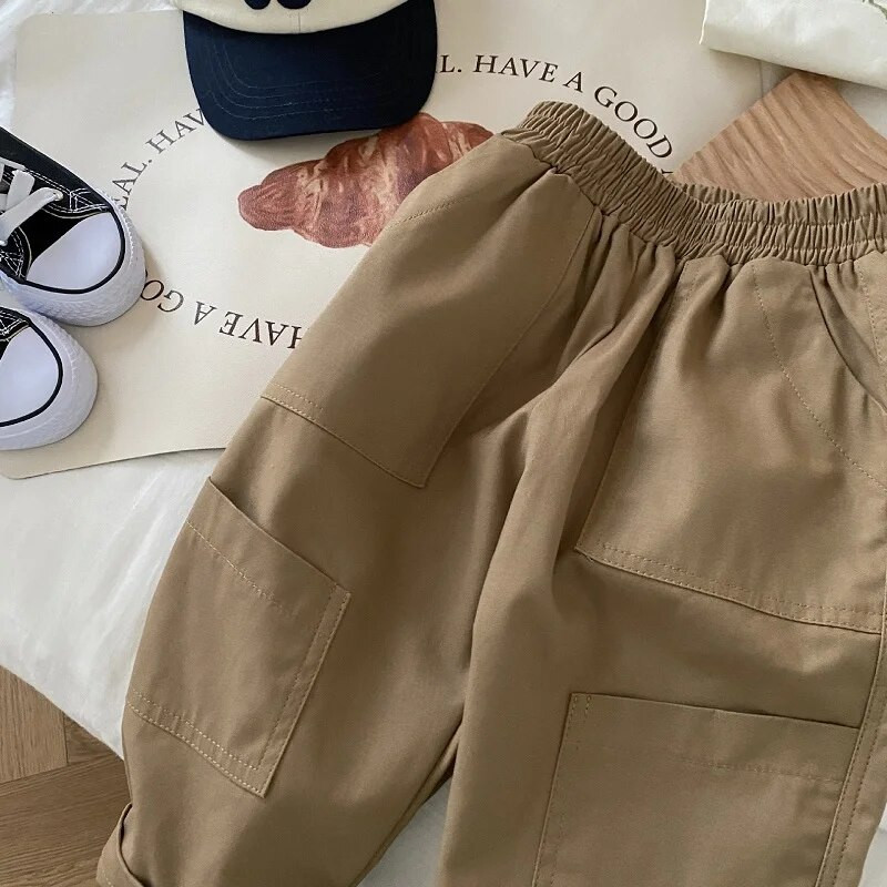 Bērnu Boy Cargo Bikses 1-7 Gads Toddler Kids Vienkrāsains elastīgs viduklis kabatas bikses Apģērbi brīvi apakšā Korejas stila apģērbi