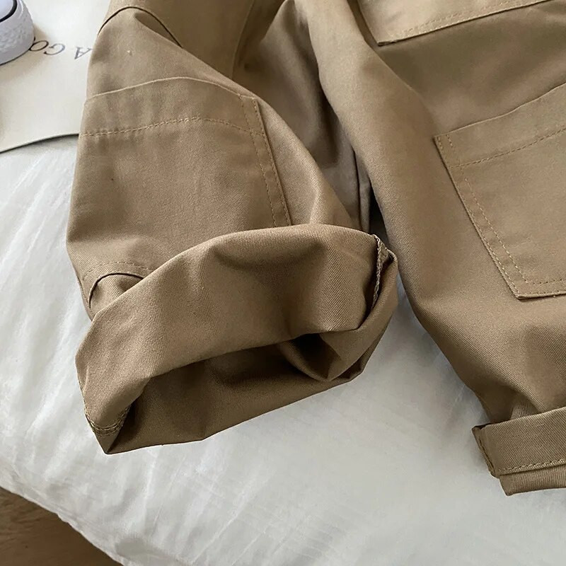 Bērnu Boy Cargo Bikses 1-7 Gads Toddler Kids Vienkrāsains elastīgs viduklis kabatas bikses Apģērbi brīvi apakšā Korejas stila apģērbi