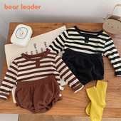 Bear Leader Baby Creeper, 2023. gada rudens, jauns zēnu un meiteņu svītrains tops ar garām piedurknēm + šorti, divdaļīgs komplekts, moderns bērnu apģērbs