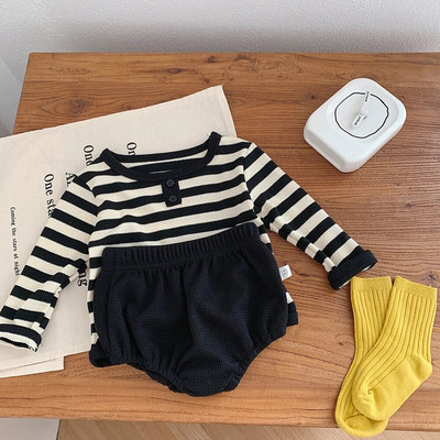 Bear Leader Baby Creeper, 2023. gada rudens, jauns zēnu un meiteņu svītrains tops ar garām piedurknēm + šorti, divdaļīgs komplekts, moderns bērnu apģērbs