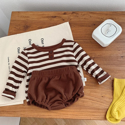 Bear Leader Baby Creeper, 2023. gada rudens, jauns zēnu un meiteņu svītrains tops ar garām piedurknēm + šorti, divdaļīgs komplekts, moderns bērnu apģērbs