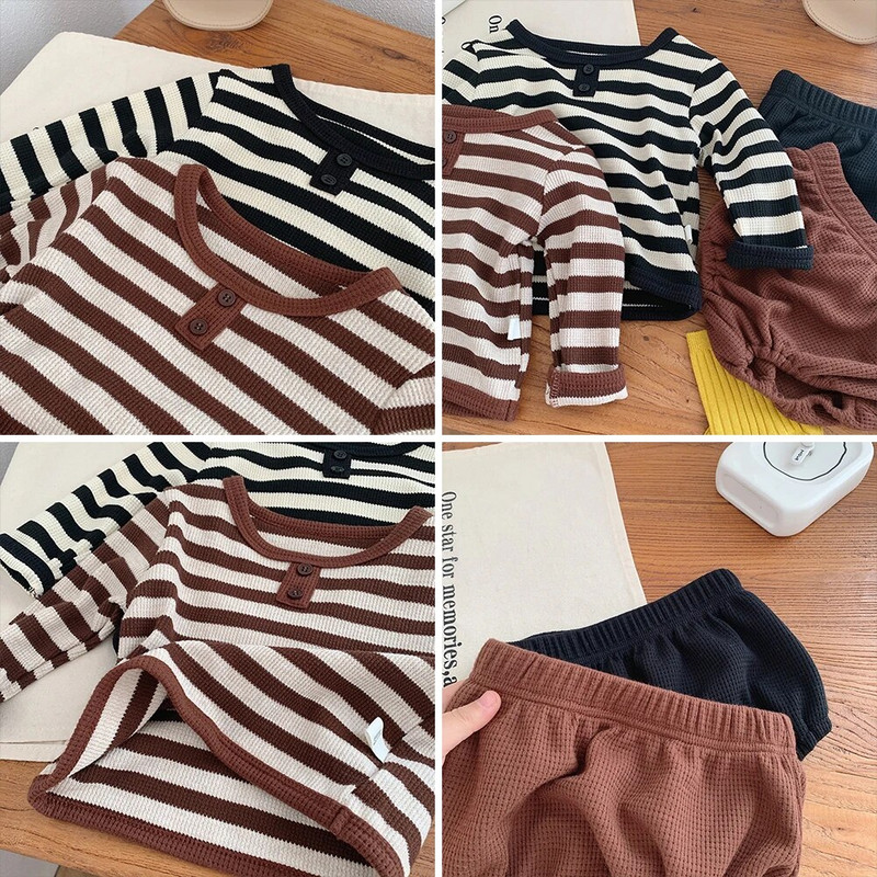 Bear Leader Baby Creeper, 2023. gada rudens, jauns zēnu un meiteņu svītrains tops ar garām piedurknēm + šorti, divdaļīgs komplekts, moderns bērnu apģērbs