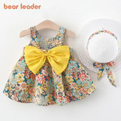 Bear Learder Vasaras Toddler Meiteņu Apģērbu Komplekts Mazuļu Pludmales Kleitas Ziedu kokvilnas Jaundzimušu Princešu kleita + Saules cepure Bērnu Apģērbi