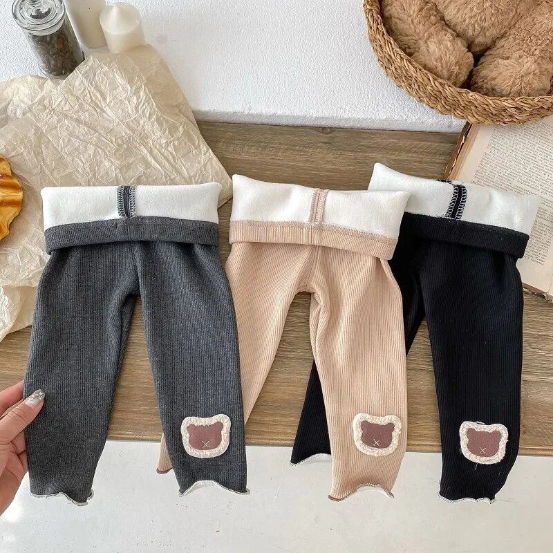 2023. gada ziema, bērni, meiteņu bikses, 0–5 gadi, bērniem, elastīgs viduklis, multfilma, lāča flīss, sabiezināts, silts, pieguļošs apakšējais apģērbs