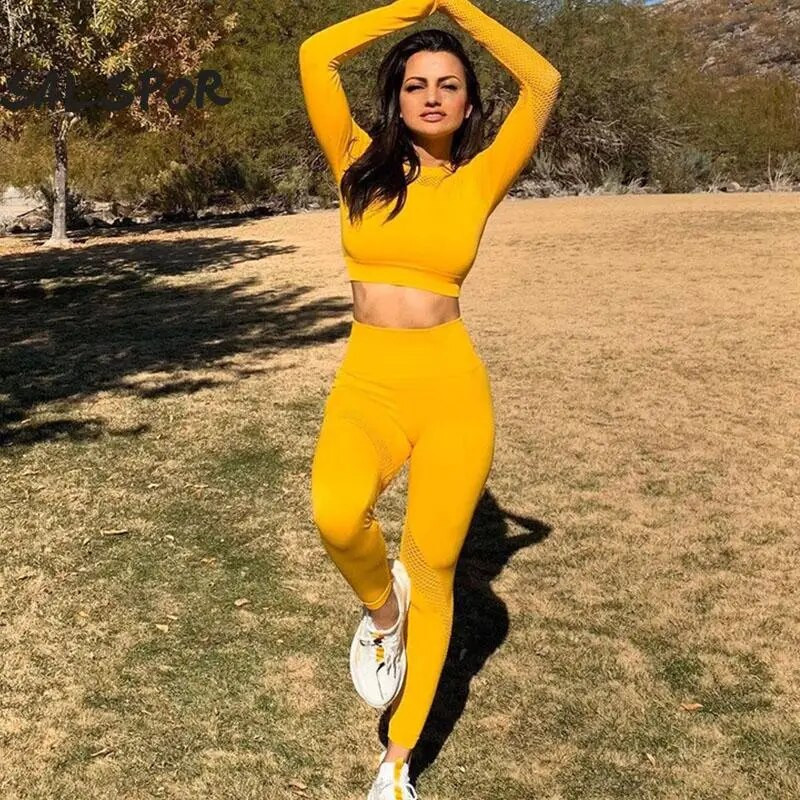 SALSPOR Jogas komplekts Sieviešu sporta uzvalks vingrošanas apģērbs 2 daļīgs bezšuvju dobs fitness ar garām piedurknēm treniņu legingi ar augstu vidukli