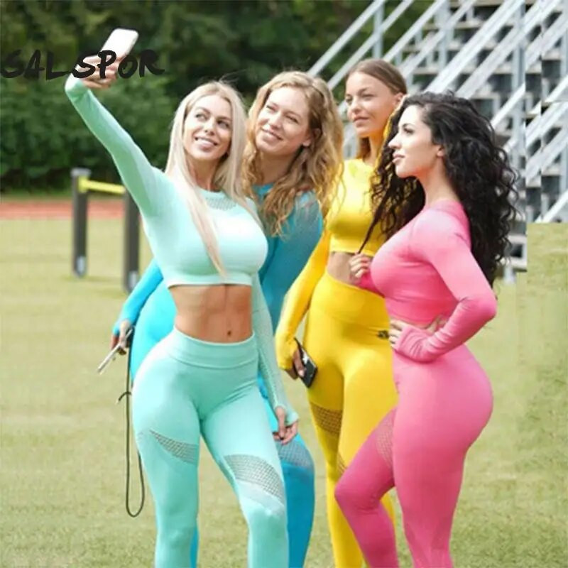 SALSPOR Jogas komplekts Sieviešu sporta uzvalks vingrošanas apģērbs 2 daļīgs bezšuvju dobs fitness ar garām piedurknēm treniņu legingi ar augstu vidukli