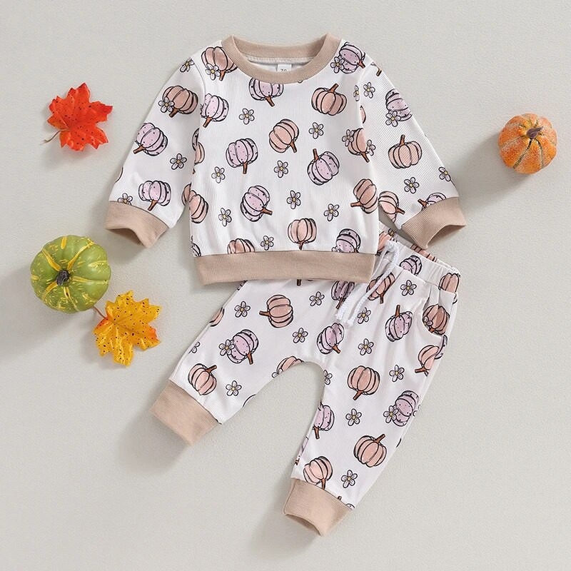 ma&baby 0-3G Halovīni jaundzimušajiem zīdaiņiem Meiteņu apģērbu komplekti Ziedu ķirbju apdruka ar garām piedurknēm Topi Bikses Kostīmi Tērpi