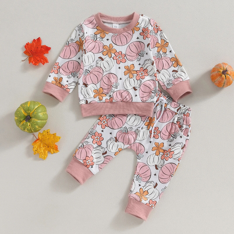 ma&baby 0-3G Halovīni jaundzimušajiem zīdaiņiem Meiteņu apģērbu komplekti Ziedu ķirbju apdruka ar garām piedurknēm Topi Bikses Kostīmi Tērpi