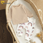 Ma&Baby 0-24 M Jaundzimušais Zēniem Zēniem Meiteņu apģērbu komplekts Vienkrāsu Topi Varavīksnes apdrukas bikses Apģērbi Rudens pavasara Apģērbs