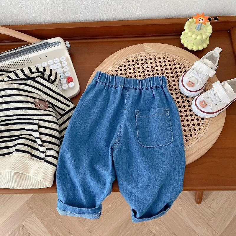 2023. gada rudens, mazuļi, bērnu džinsi, 0–5 gadi, bērni, zēni, meitene, vienkrāsains elastīgs viduklis, brīvs džinsa bikses, tērpi, apģērbi