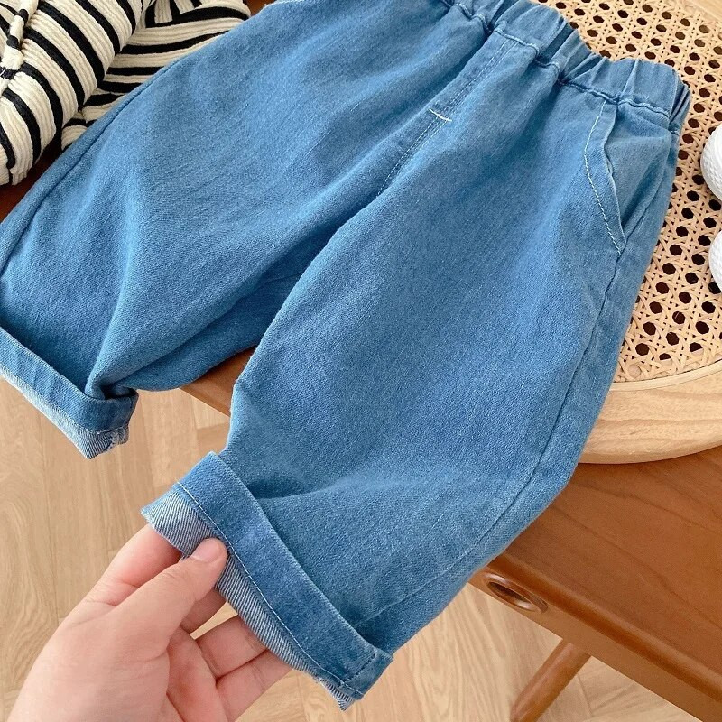 2023. gada rudens, mazuļi, bērnu džinsi, 0–5 gadi, bērni, zēni, meitene, vienkrāsains elastīgs viduklis, brīvs džinsa bikses, tērpi, apģērbi