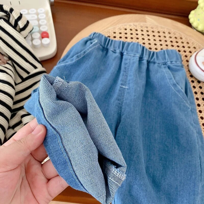 2023. gada rudens, mazuļi, bērnu džinsi, 0–5 gadi, bērni, zēni, meitene, vienkrāsains elastīgs viduklis, brīvs džinsa bikses, tērpi, apģērbi