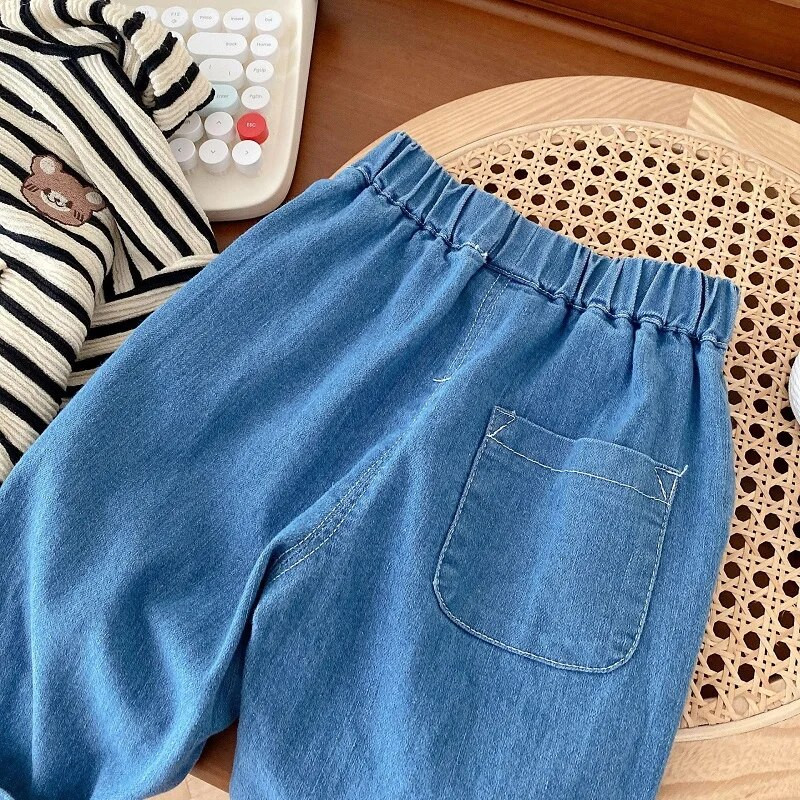 2023. gada rudens, mazuļi, bērnu džinsi, 0–5 gadi, bērni, zēni, meitene, vienkrāsains elastīgs viduklis, brīvs džinsa bikses, tērpi, apģērbi