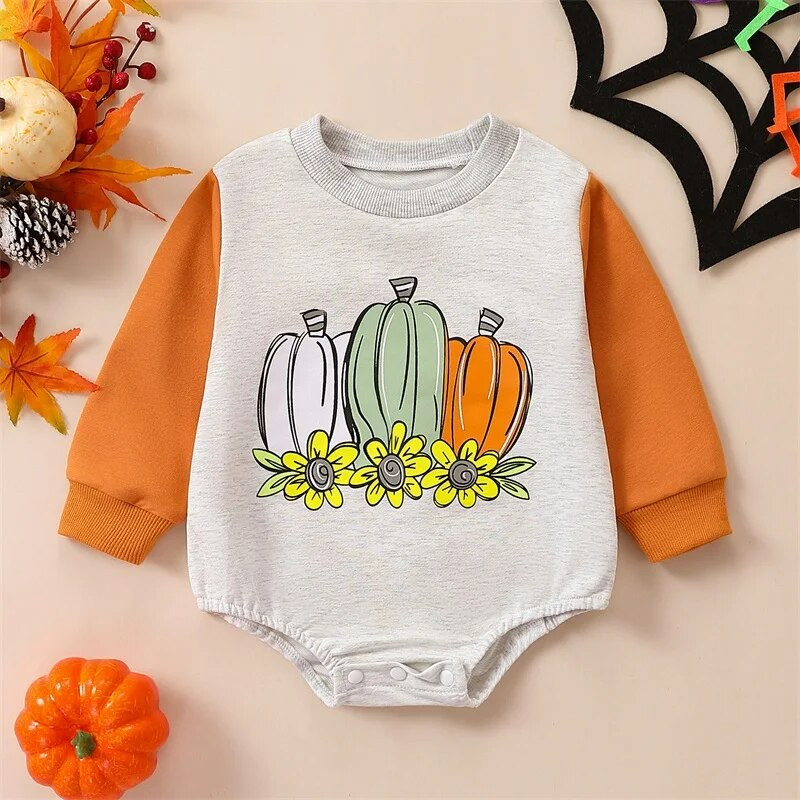 Ma&baby 0–18 M Halovīni jaundzimušo zīdaiņu meiteņu rombiņas ar ķirbju ziedu apdruku garām piedurknēm kombinezons rudens mazuļiem