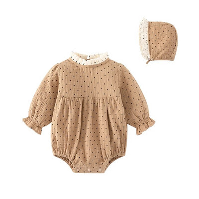 Ruffles Princess Baby Girls Clohtes 2023 Jauns pavasara vasaras punktveida bodiji ar garām piedurknēm zīdaiņu kombinezons ar cepurēm