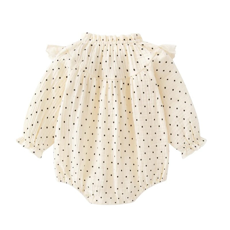 Ruffles Princess Baby Girls Clohtes 2023 Jauns pavasara vasaras punktveida bodiji ar garām piedurknēm zīdaiņu kombinezons ar cepurēm