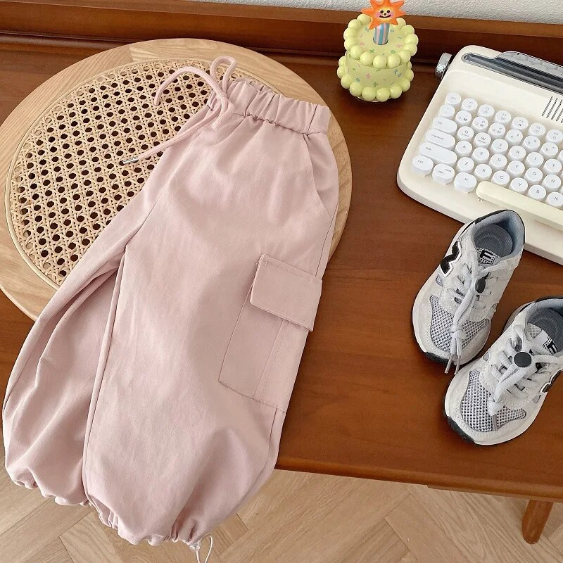 2023. gada rudens, bērnu meiteņu kravas bikses, 0–5 gadus, mazuļu bērniem vienkrāsains elastīgs viduklis, kabatas skriešanas bikšu apģērbs, ikdienas apģērbs