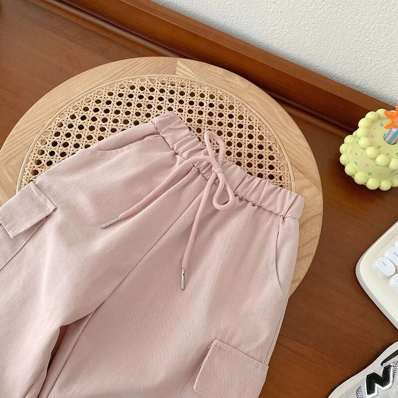 2023. gada rudens, bērnu meiteņu kravas bikses, 0–5 gadus, mazuļu bērniem vienkrāsains elastīgs viduklis, kabatas skriešanas bikšu apģērbs, ikdienas apģērbs