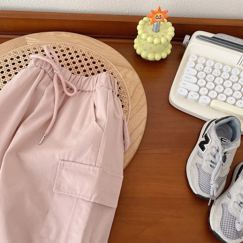 2023. gada rudens, bērnu meiteņu kravas bikses, 0–5 gadus, mazuļu bērniem vienkrāsains elastīgs viduklis, kabatas skriešanas bikšu apģērbs, ikdienas apģērbs