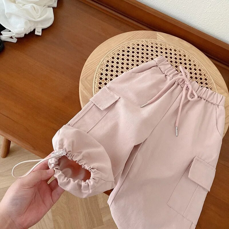 2023. gada rudens, bērnu meiteņu kravas bikses, 0–5 gadus, mazuļu bērniem vienkrāsains elastīgs viduklis, kabatas skriešanas bikšu apģērbs, ikdienas apģērbs