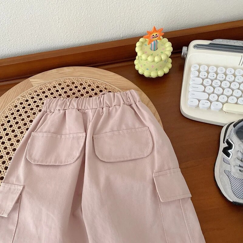2023. gada rudens, bērnu meiteņu kravas bikses, 0–5 gadus, mazuļu bērniem vienkrāsains elastīgs viduklis, kabatas skriešanas bikšu apģērbs, ikdienas apģērbs