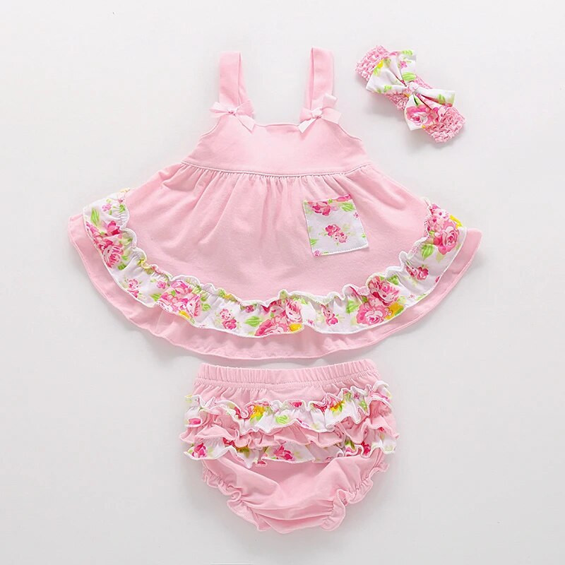 Ruffles ar ziediem, meiteņu drēbju komplekts Bloomer un kleitu komplekti vasaras zīdaiņiem Bērnu meiteņu kostīmi