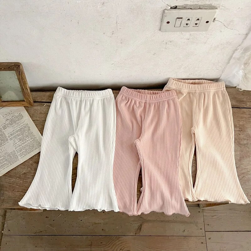 Maziem bērniem, mazuļiem, meitenēm, uzplaiksnītām biksēm vienkrāsains, elastīgs viduklis, zvana apakšdaļa Koreja bērniem, meitenēm, rievotas kokvilnas bikses, apģērbi 0-5 g.