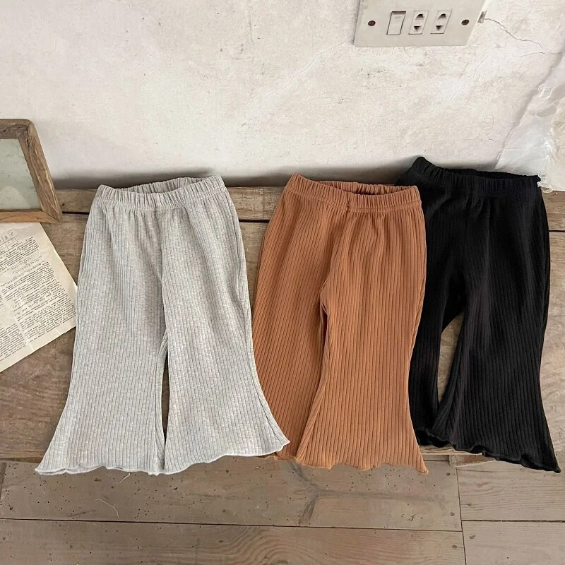 Maziem bērniem, mazuļiem, meitenēm, uzplaiksnītām biksēm vienkrāsains, elastīgs viduklis, zvana apakšdaļa Koreja bērniem, meitenēm, rievotas kokvilnas bikses, apģērbi 0-5 g.