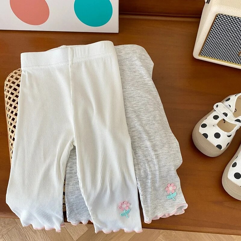 2023. gada vasara, bērnu meiteņu legingi 0–6 gadi, mazuļi, bērni, elastīga jostasvieta, rievota kokvilnas ziedu bikses, plānas zeķbikses apakšā