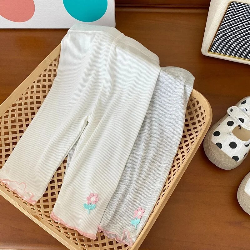 2023. gada vasara, bērnu meiteņu legingi 0–6 gadi, mazuļi, bērni, elastīga jostasvieta, rievota kokvilnas ziedu bikses, plānas zeķbikses apakšā