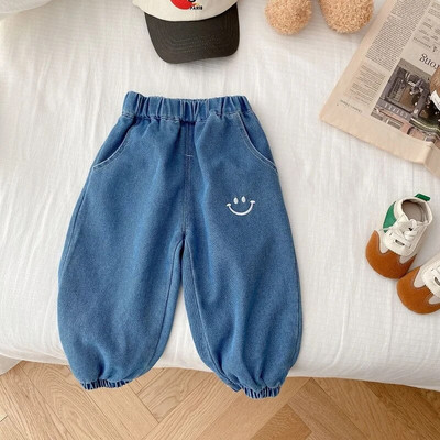 2023 Moda copii băieți pantaloni din denim 0-5 ani copii mici cu talie elastică zâmbet blugi largi Pantaloni moi fund haine de toamnă
