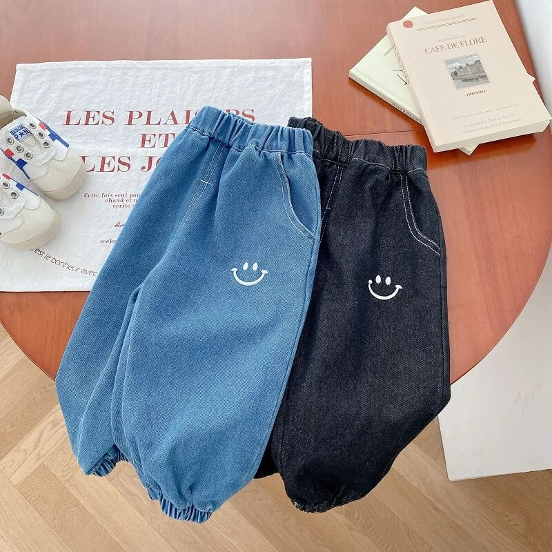 2023 Moda copii băieți pantaloni din denim 0-5 ani copii mici cu talie elastică zâmbet blugi largi Pantaloni moi fund haine de toamnă