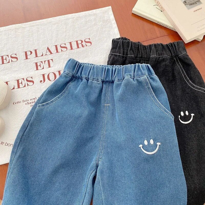 2023 Moda copii băieți pantaloni din denim 0-5 ani copii mici cu talie elastică zâmbet blugi largi Pantaloni moi fund haine de toamnă