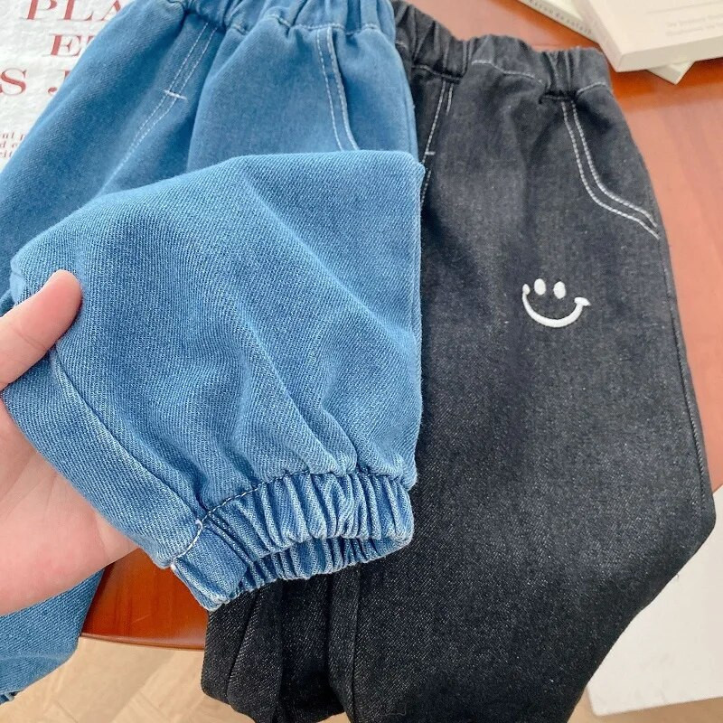 2023 Moda copii băieți pantaloni din denim 0-5 ani copii mici cu talie elastică zâmbet blugi largi Pantaloni moi fund haine de toamnă