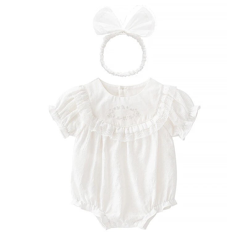 Vasaras mežģīnes ar īsām piedurknēm balti mazuļu bodiji kokvilnas kombinezoni princešu meiteņu apģērbi