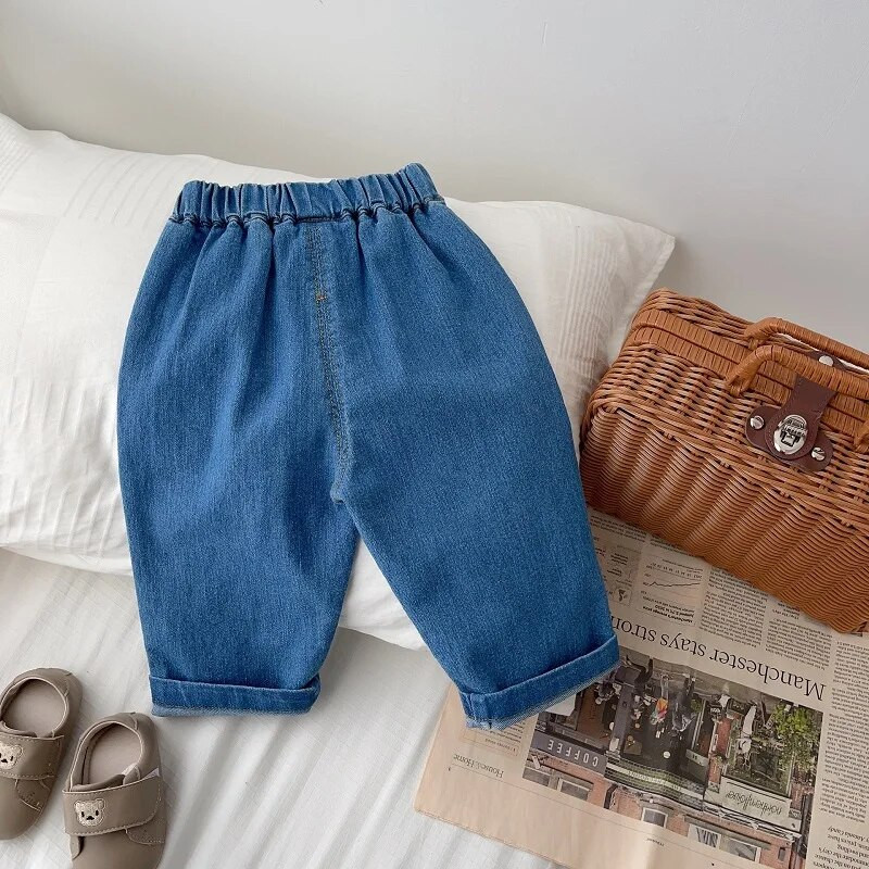 Moodsad lapsed poiste teksad 0–5-aastased väikelapsed, tüdrukud, elastne vöökoht ühevärvilised lahtised teksapüksid, püksid, püksid, sügisriided