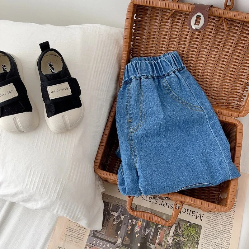 Moodsad lapsed poiste teksad 0–5-aastased väikelapsed, tüdrukud, elastne vöökoht ühevärvilised lahtised teksapüksid, püksid, püksid, sügisriided