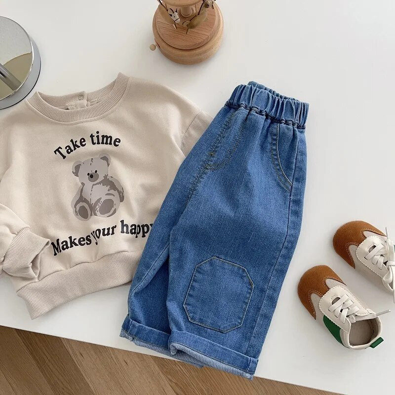 Moodsad lapsed poiste teksad 0–5-aastased väikelapsed, tüdrukud, elastne vöökoht ühevärvilised lahtised teksapüksid, püksid, püksid, sügisriided