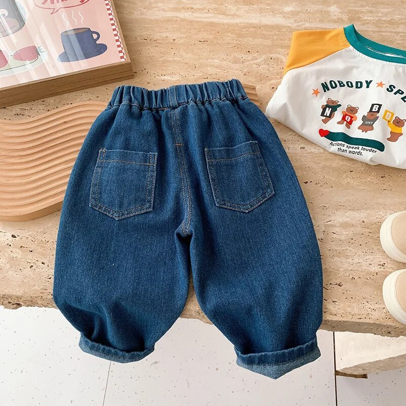 Modne dječje traperice za dječake 0-6 godina, dječje djevojčice, elastični struk, džep s uzorkom medvjeda, široke traper hlače, gornja odjeća, jesenska odjeća