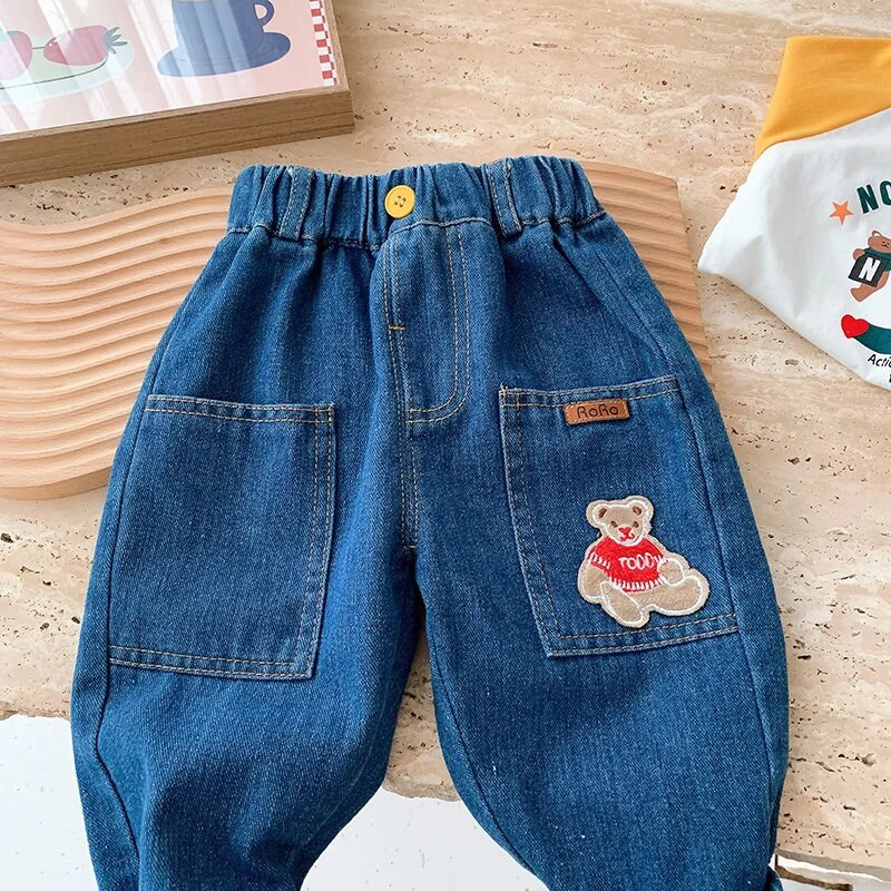 Modne dječje traperice za dječake 0-6 godina, dječje djevojčice, elastični struk, džep s uzorkom medvjeda, široke traper hlače, gornja odjeća, jesenska odjeća