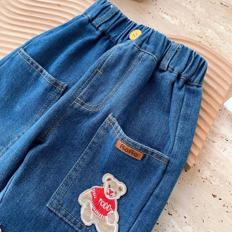 Modne dječje traperice za dječake 0-6 godina, dječje djevojčice, elastični struk, džep s uzorkom medvjeda, široke traper hlače, gornja odjeća, jesenska odjeća