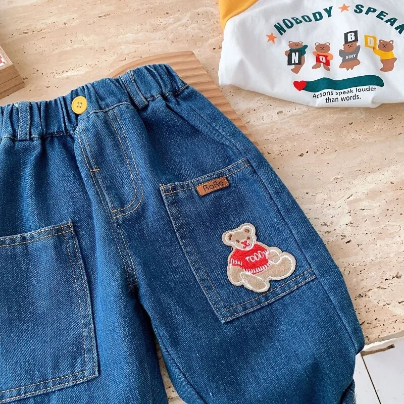 Modne dječje traperice za dječake 0-6 godina, dječje djevojčice, elastični struk, džep s uzorkom medvjeda, široke traper hlače, gornja odjeća, jesenska odjeća