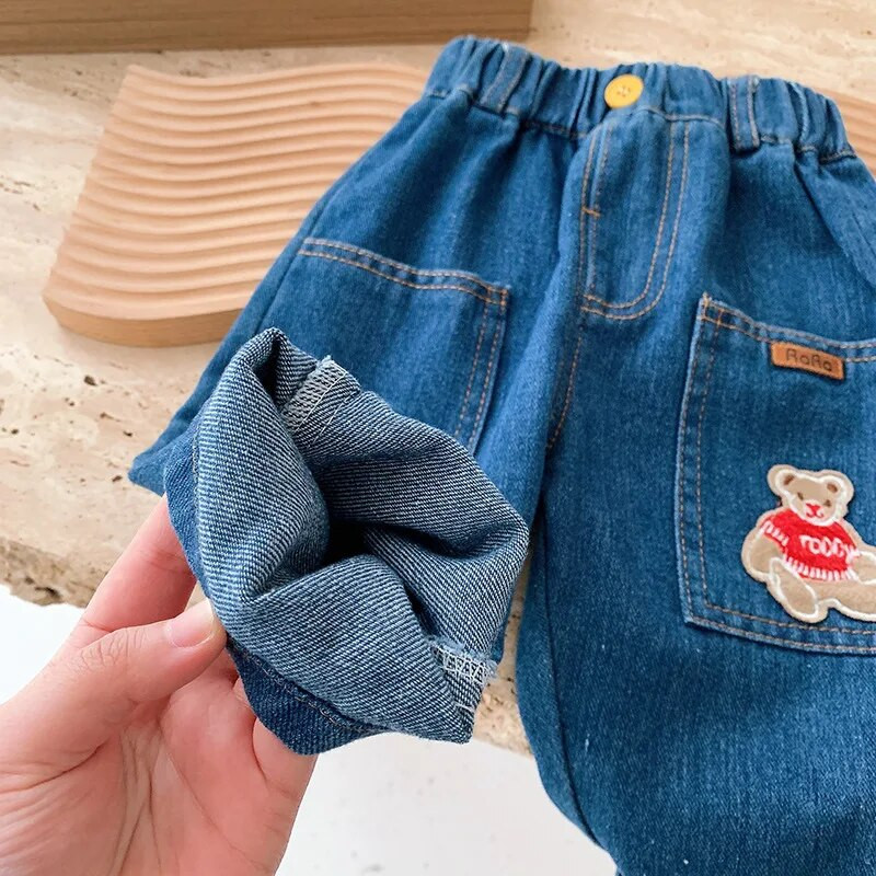 Modne dječje traperice za dječake 0-6 godina, dječje djevojčice, elastični struk, džep s uzorkom medvjeda, široke traper hlače, gornja odjeća, jesenska odjeća