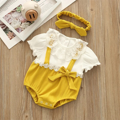 Suveprintsessi beebibodid Lühikeste varrukatega vibu pits Lilled Väikelaste Tüdrukute Jumpsuits Lasteriided