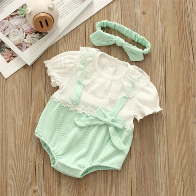 Suveprintsessi beebibodid Lühikeste varrukatega vibu pits Lilled Väikelaste Tüdrukute Jumpsuits Lasteriided