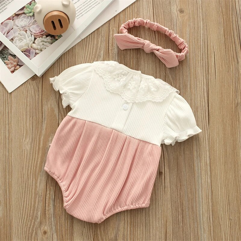 Suveprintsessi beebibodid Lühikeste varrukatega vibu pits Lilled Väikelaste Tüdrukute Jumpsuits Lasteriided