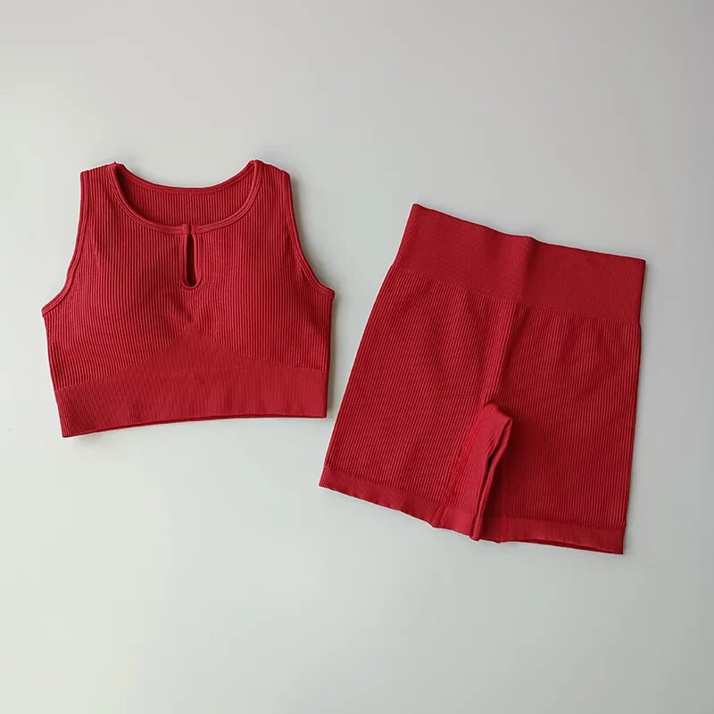 2-osalised õmblusteta joogakomplektid Naiste spordikomplekt Kärbitud topid Spordirinnahoidja+ Kõrge vöökohaga lühikesed püksid Sportlik fitness-ülikond Lühikesed püksid Jõusaalikomplektid