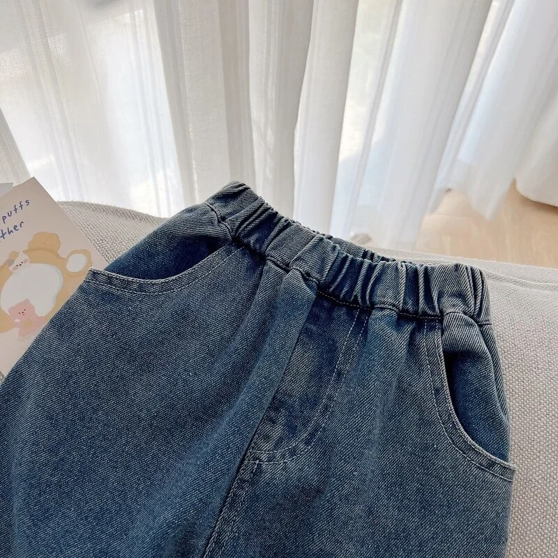 Modes Bērnu meiteņu džinsi 1–7 gadi Maziem bērniem elastīga vidukļa multfilma Lācis saplēsts džinsa bikses platas bikses rudens drēbes