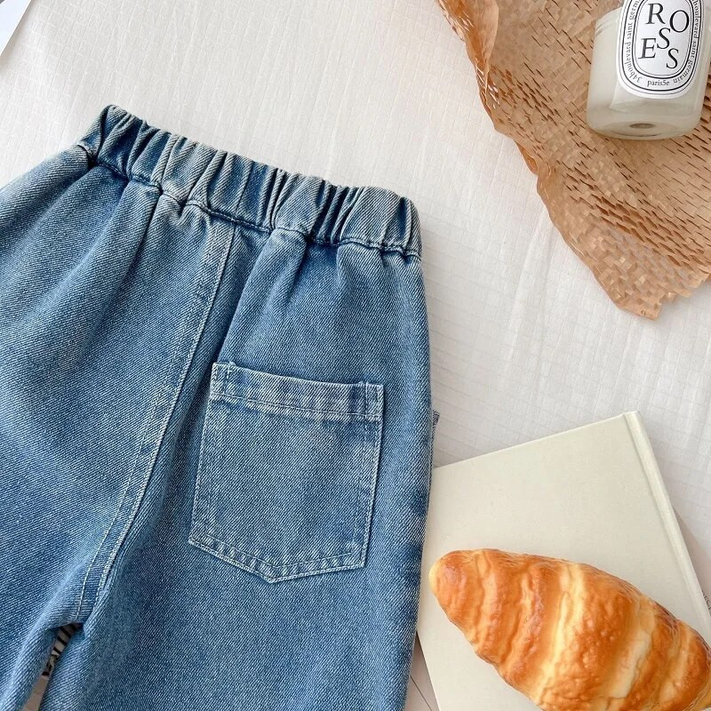 Modes Bērnu meiteņu džinsi 1–7 gadi Maziem bērniem elastīga vidukļa multfilma Lācis saplēsts džinsa bikses platas bikses rudens drēbes